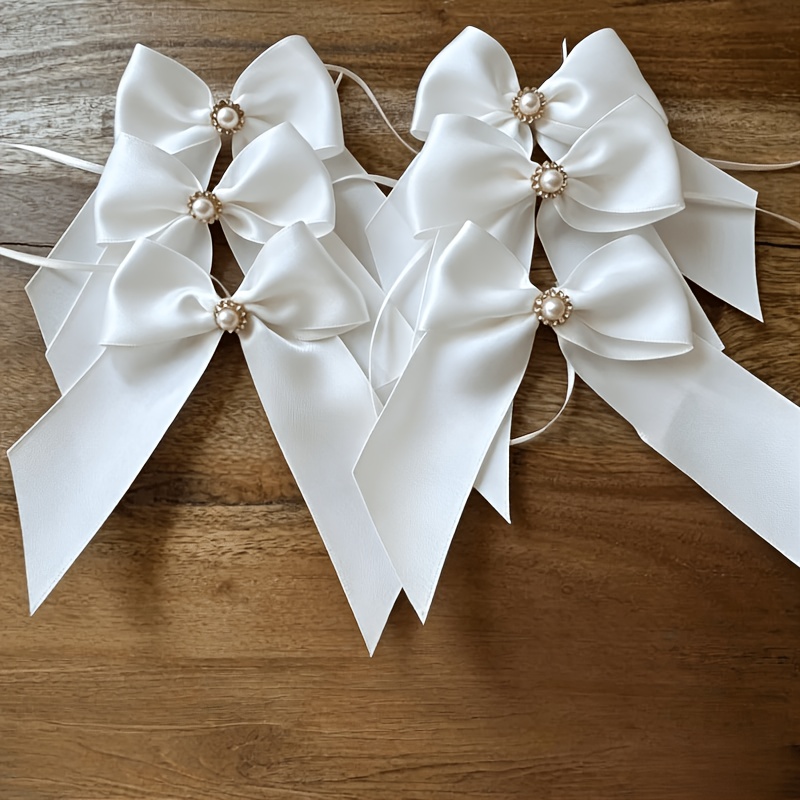 TEMU 6pcs Milk Satin Ribbon Bows, With Ties, Sunflower Pearl Bows, Suitable For Fabric Crafts Additions Knots, Hair Additions Clothing, Small Gifts,