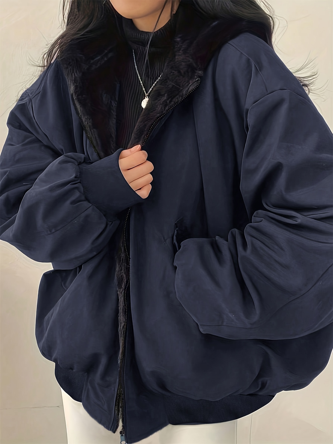 womens casual hooded zip up jacket warm fall winter outerwear with fluffy   fur lining long sleeves and front pockets cozy winter apparel hooded jacket zippered closure