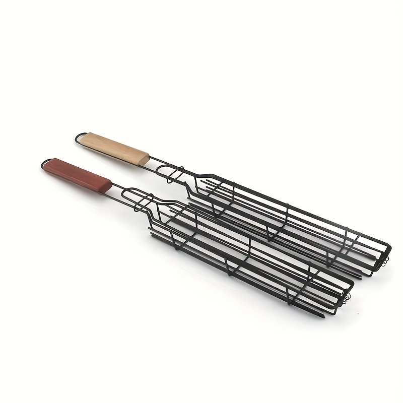 TEMU 2pcs Nonstick Bbq Grilling Baskets With Wooden Handles - Portable Metal Charcoal Grill Tools For Vegetables & Meat, Ideal For Outdoor Camping,
