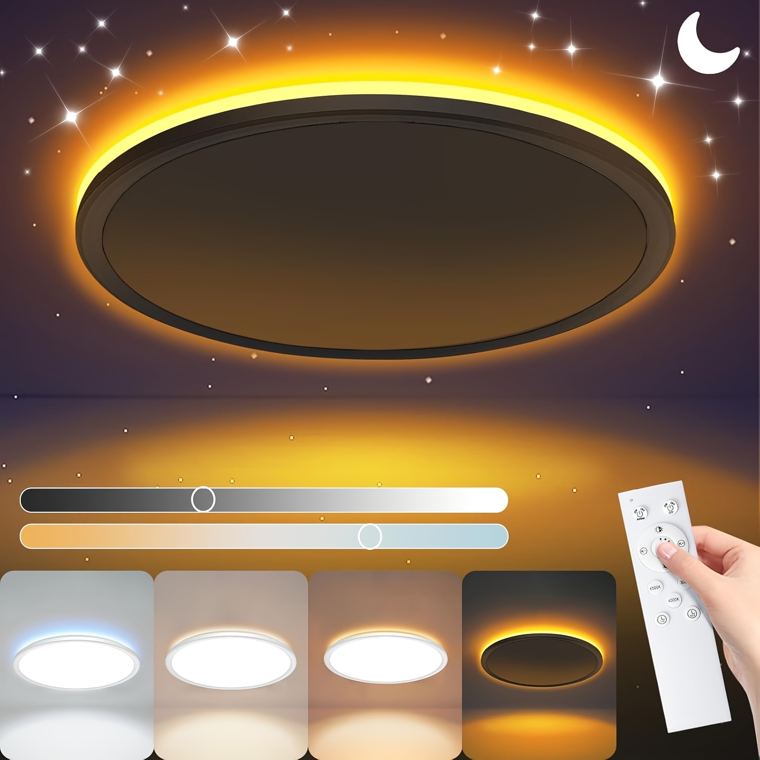E-shop LED Deckenleuchte dimmbar, 24W Deckenleuchte mit Fernbedienungsverstellung, 1800K dimmbares Nachtlicht, 3000K-6500K runde flache Deckenleuchte,