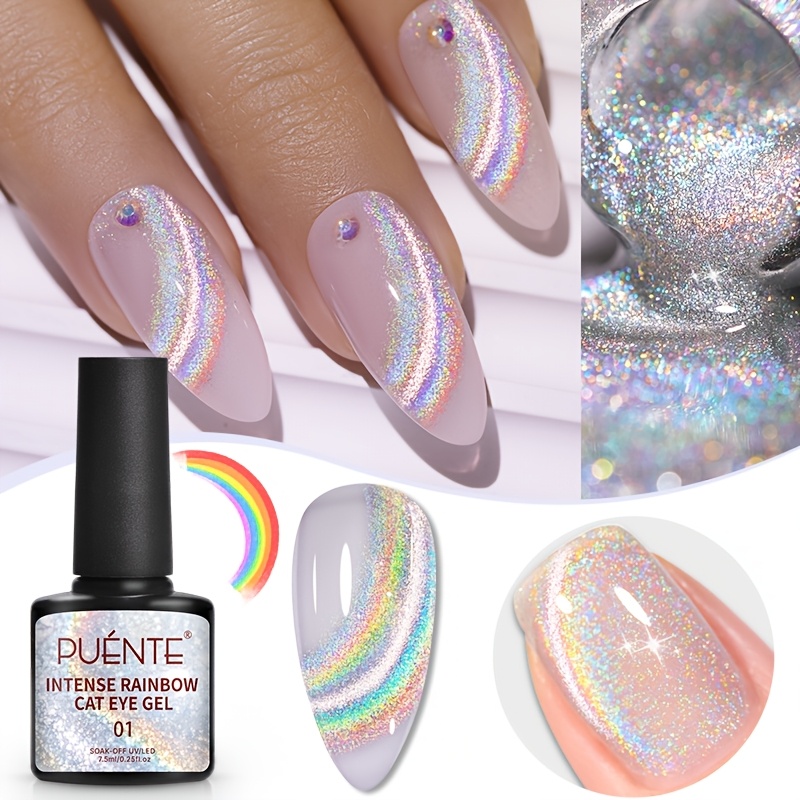 Image of 7.5ml Rainbow Cat Eye Gel Nail Polish, Holographic Laser Aurora Glitter Silvery Magnetic Nail Gel, Soak Off Led Semi-permanent Varnish, Hypoallergenic, Alcohol-free, For Home Nail Use