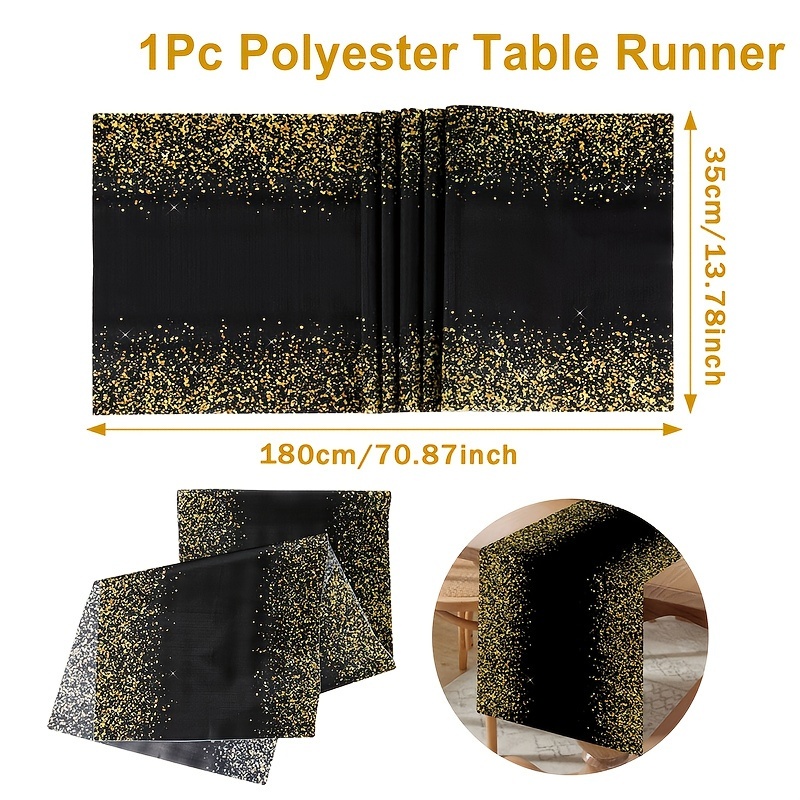 Image of 1pc, Sparkling Black Runner, Elegant Polyester Black And Golden Glitter Sparkling Table Runner Table Flag, Perfect For Christmas, Birthdays, Weddings And New Year's Eve Table Decorations