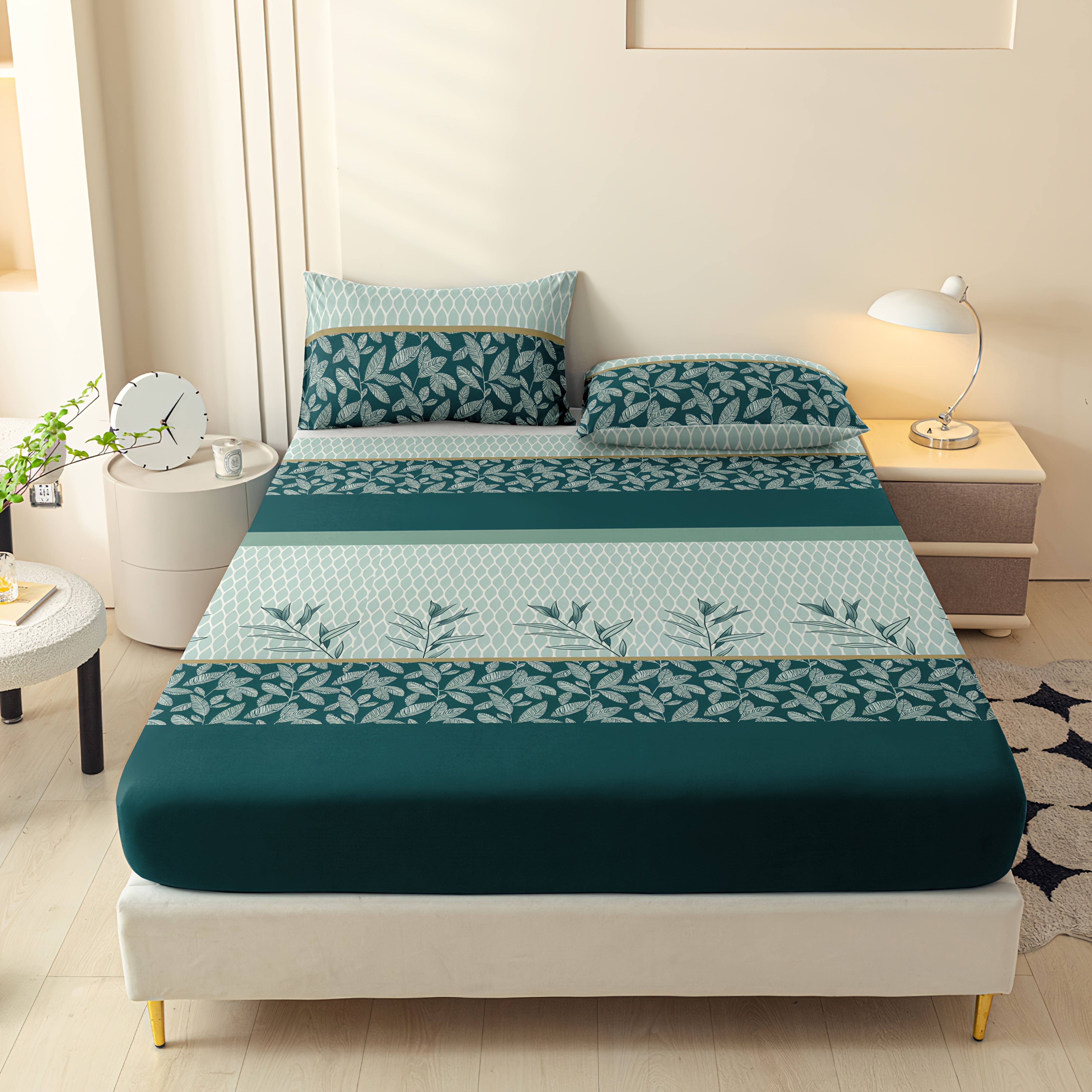3pcs Floral Fitted Sheet Set, Mattress Protector, Stylish And Comfortable Deep Pocket Breathable Bedding, Bedroom Decor, 1 Fitted Sheet + 2 Pillowcases, No Insert