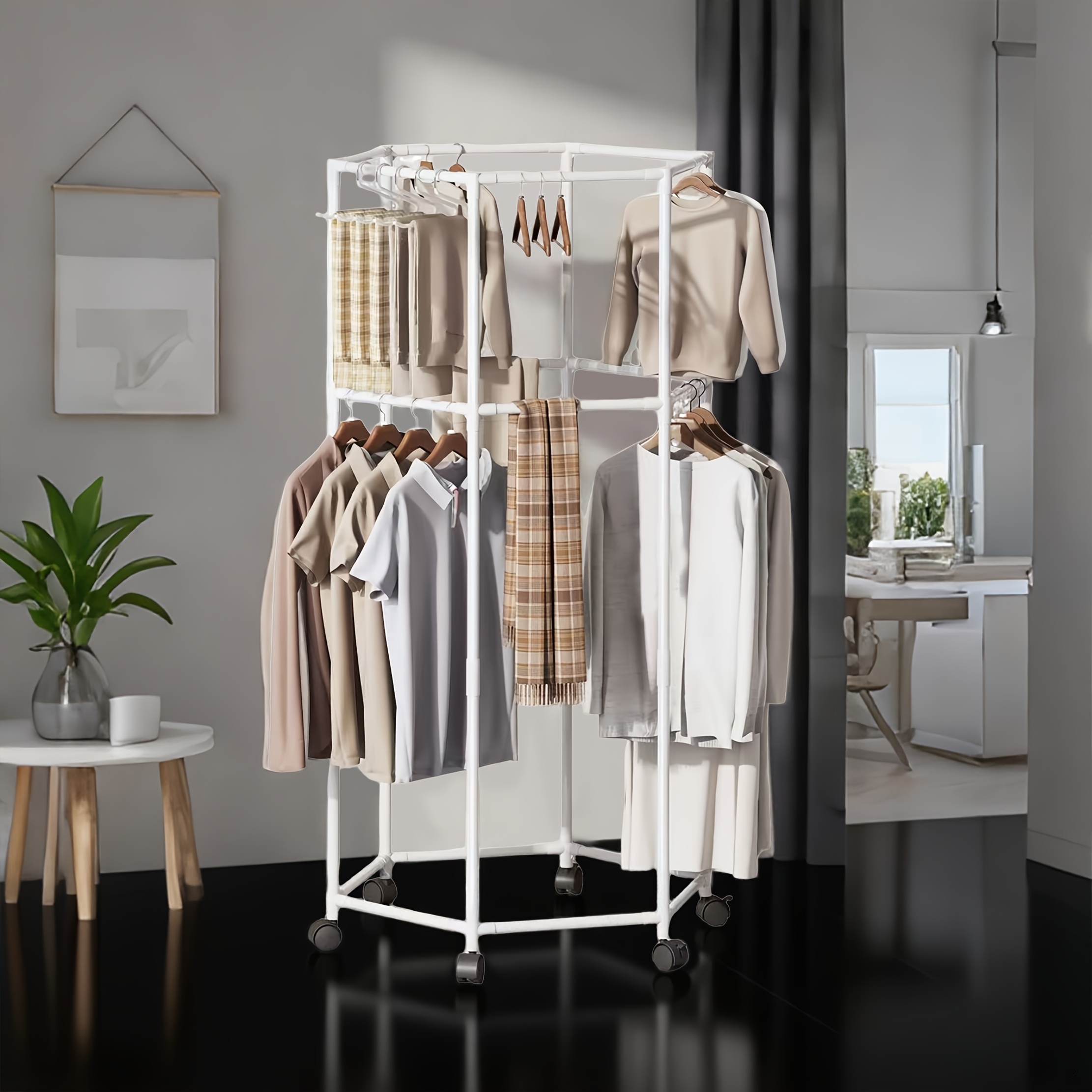 A Portable Hexagonal Drying Rack With Double Layers For Clothes, Ideal For Household Storage In Rental Rooms And