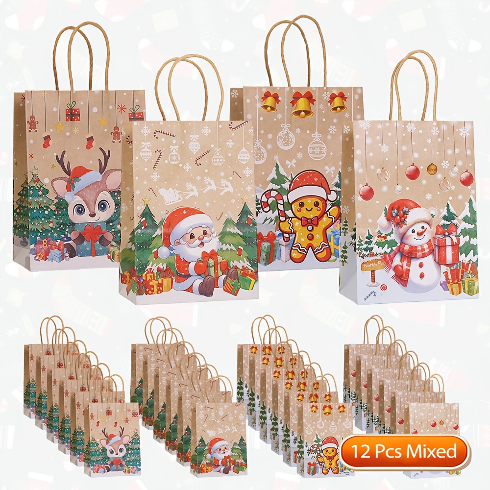 TEMU Christmas Gift Bags With Handles, 12pcs Cute Cartoon Santa Reindeer Snowman Gingerbread Man Print Paper Gift Bags, Assorted Holiday Xmas Goodie