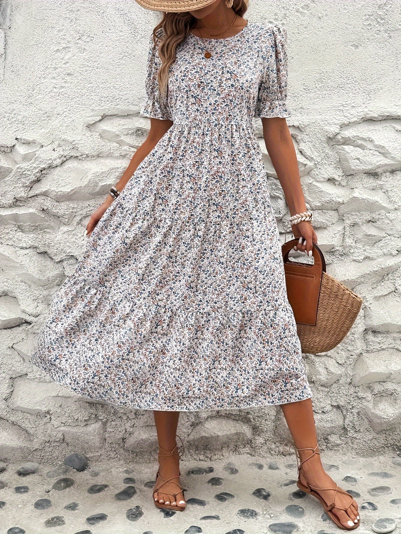 ditsy floral print dress vacation puff sleeve crew neck midi dress for   womens clothing mixed color 0