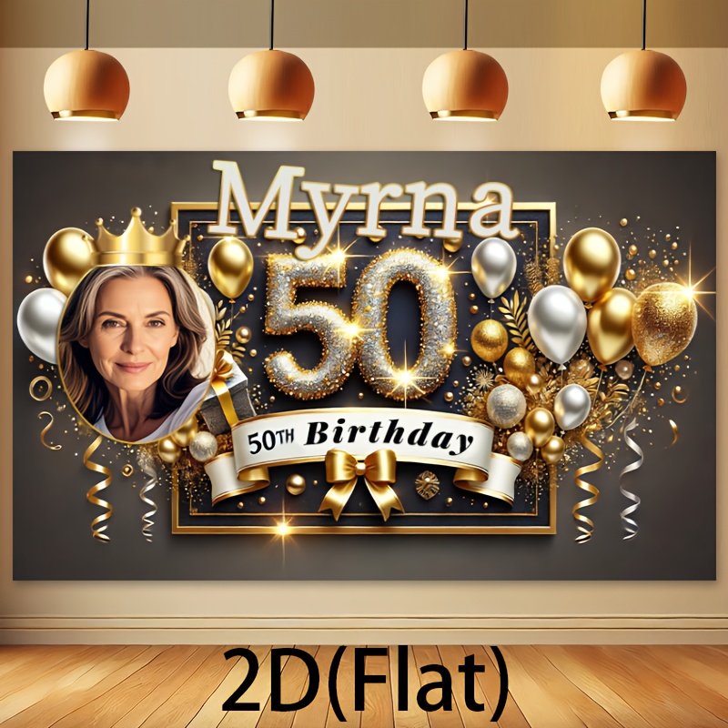 2d1pcs large customizable birthday banner with personalized name and photo luxurious golden silvery background featuring   and bow elements for 50th birthday celebration multifunctional party wall decor suitable for themed carnivals no electricity needed perfect gift for   and   0