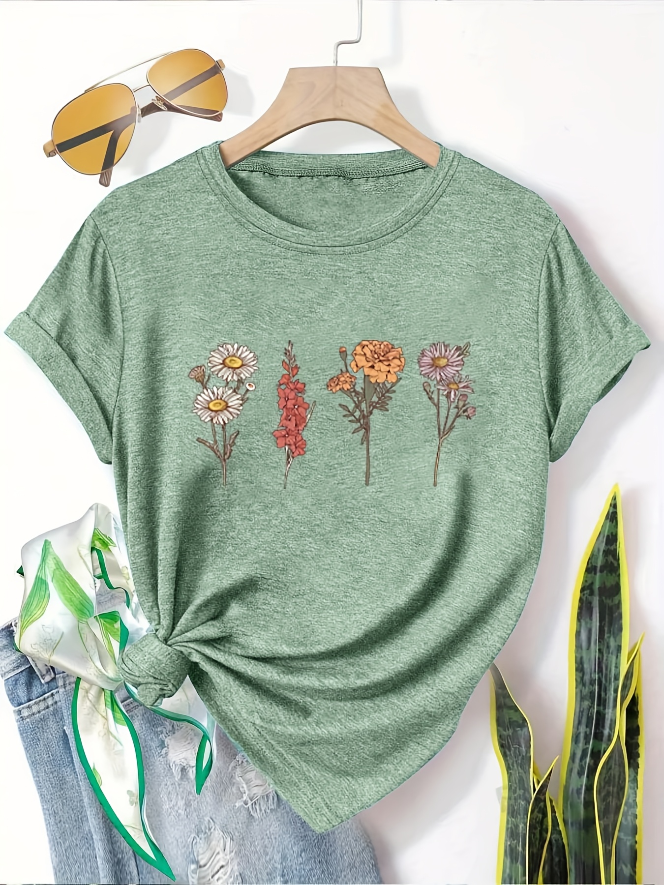 5pcs womens casual short sleeve t shirts summer round neck geometric print tees with dandelion floral     options breathable machine washable fabric cute t shirts everyday outfit     printed   adults Product details 9