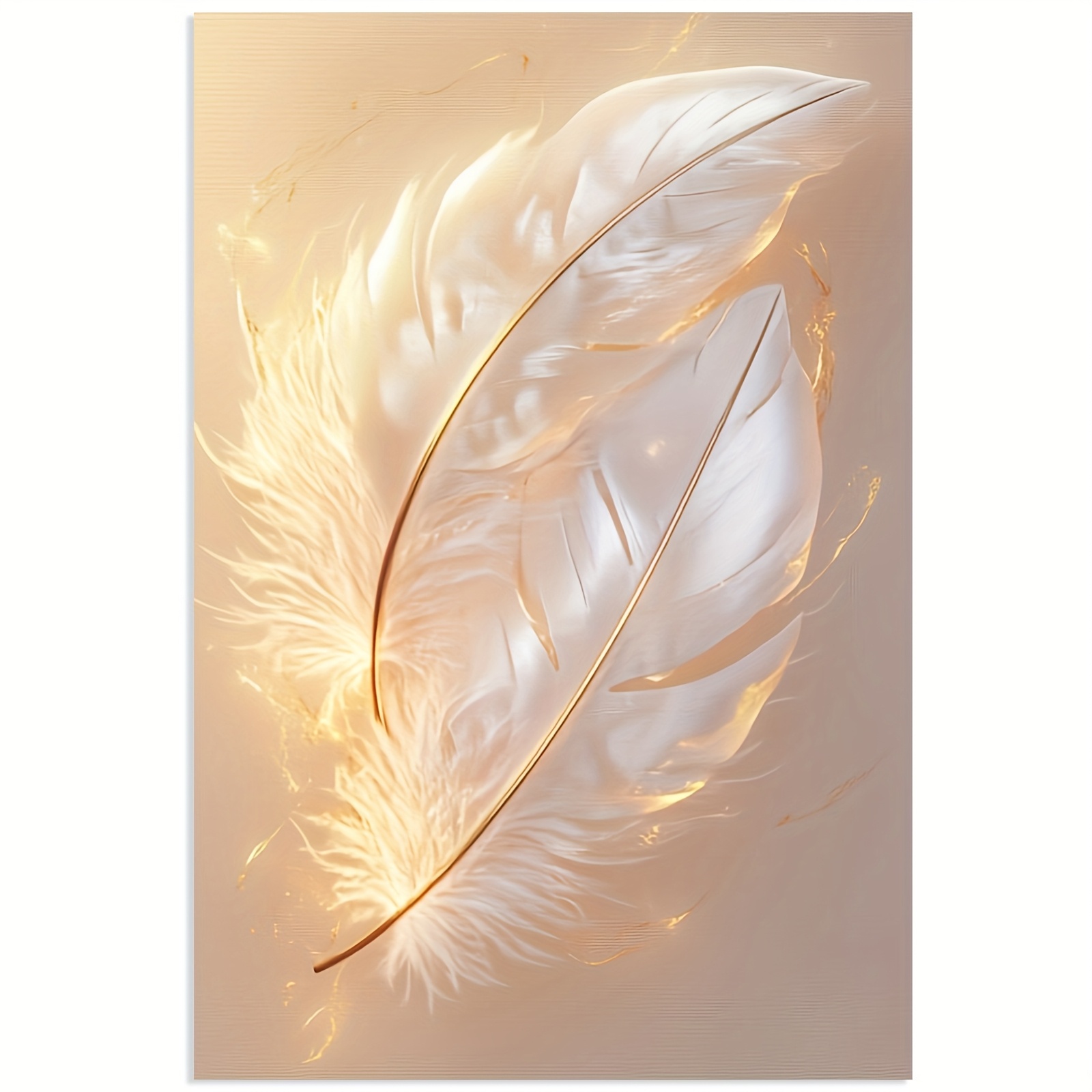 E-shop 1 Stück Rahmenlose Moderne Abstrakte Weiße Feder Leinwand Wandkunst - Goldakzent Beige & Weiße Feder Gemäldedruck, Nordisch Minimalistisches