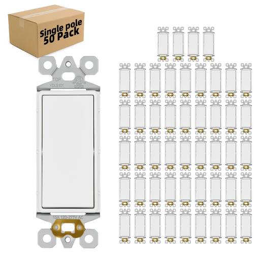 residential grade paddle rocker switch for single pole wall lighting featuring three wires and a grounding screw rated at 15a for 120v 277v and