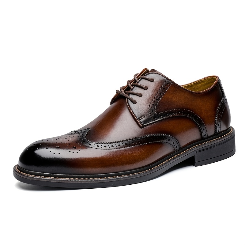 TEMU Men's British-style Brogue-embossed Genuine Dress Shoes, Top-grade Cowhide Handmade , Comfortable Shoes, Suitable For Weddings, Office, Dates,