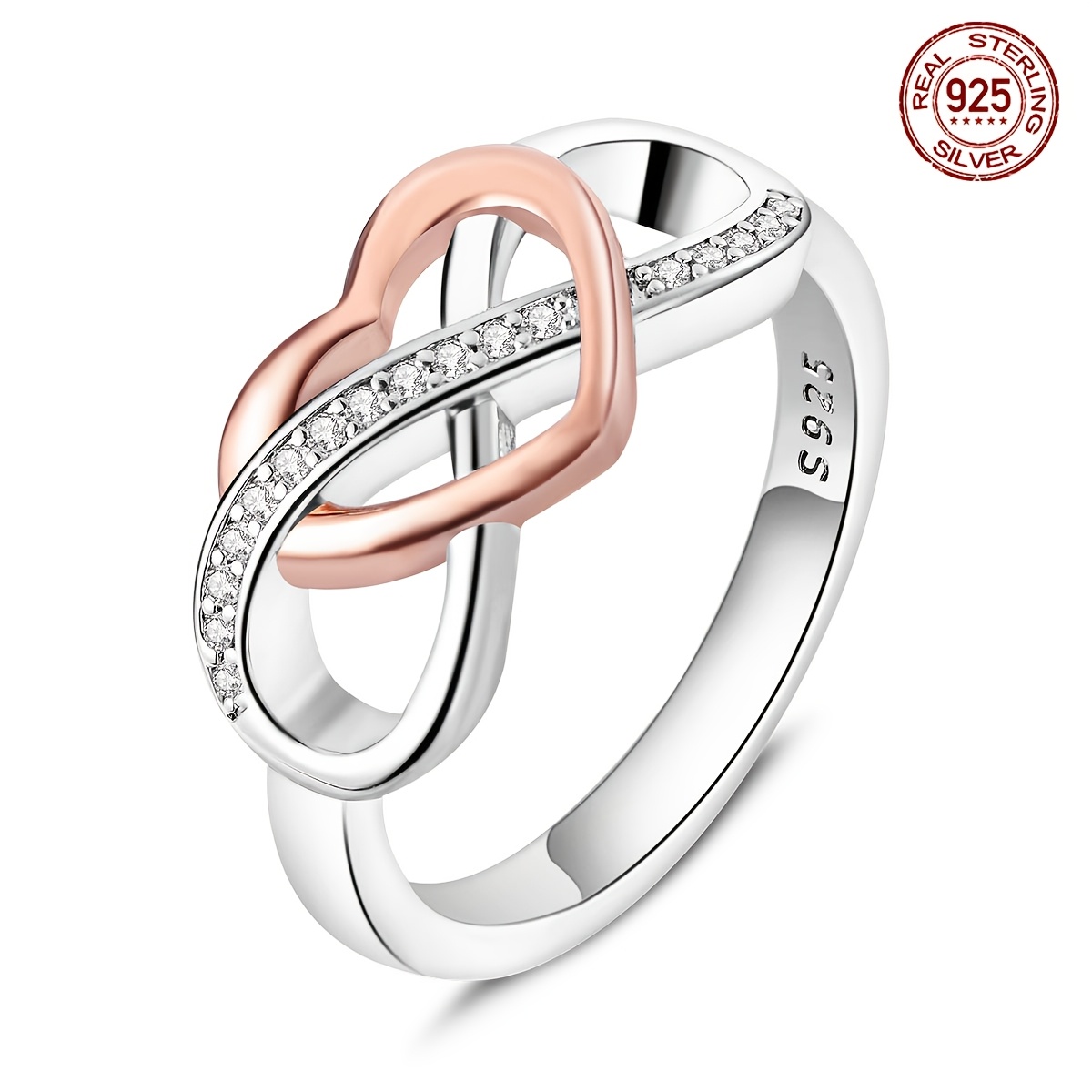 

925 Sterling Silver Infinity Heart Ring With Cubic Zirconia, Elegant Style For And Gift , Women's Ideal Valentine's Day Present, Rose Golden Accent