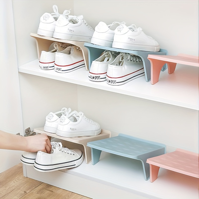 

10pcs Space-saving Double Layer Shoe Racks - Durable Plastic, Integrated Design For Easy Organization Of Shoes & Slippers