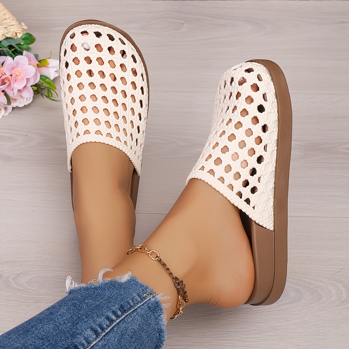 TEMU Openwork Woven Half-slippers For Women, Breathable Perforated Wedge Mule Slides, Casual Outdoor Sandals, Women Shoes