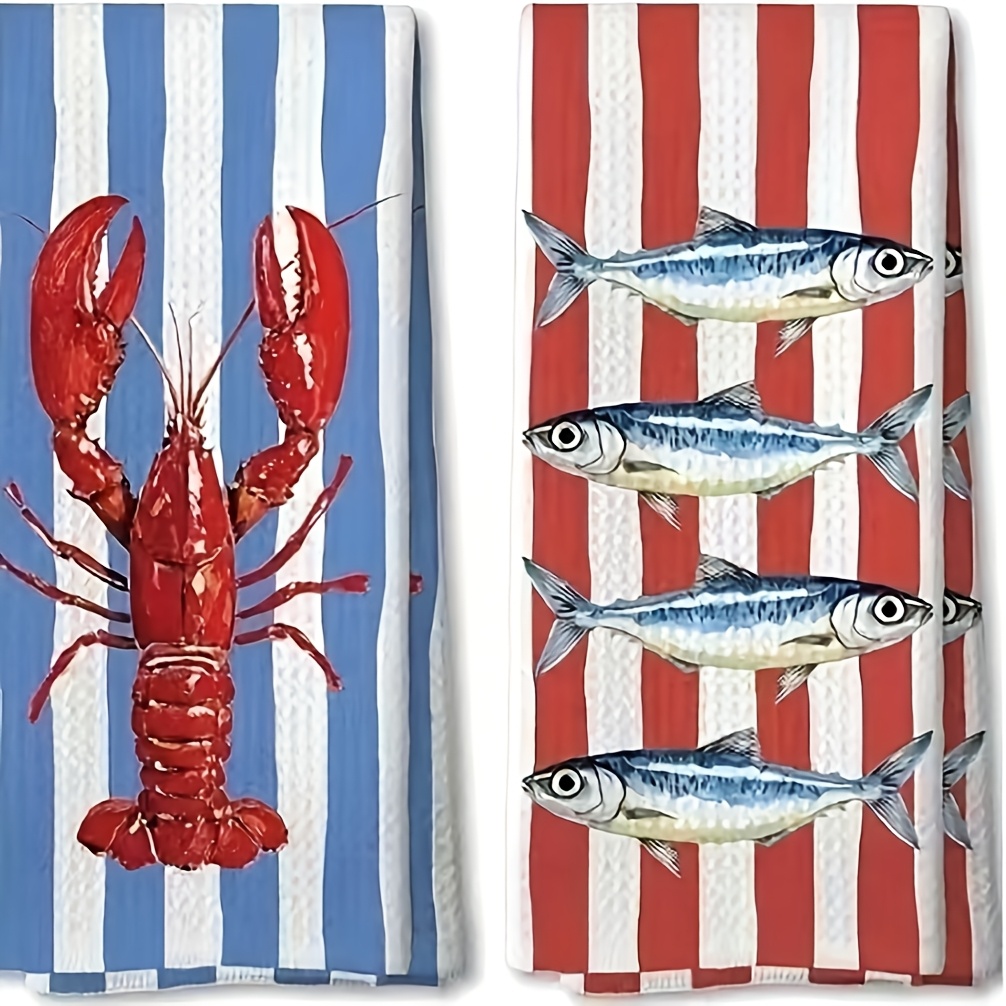 TEMU Lot de 2 torchons de cuisine côte maritime avec et sardine, 16x24 pouces, très absorbants, adaptés pour , , la décoration de cuisine et de