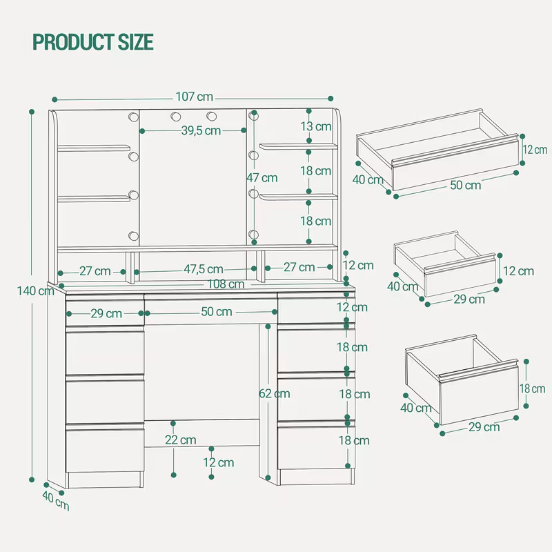 dressing colors adjustable brightness large hd 1 large drawer and 8 small drawer cabinets 9 open shelves white 7