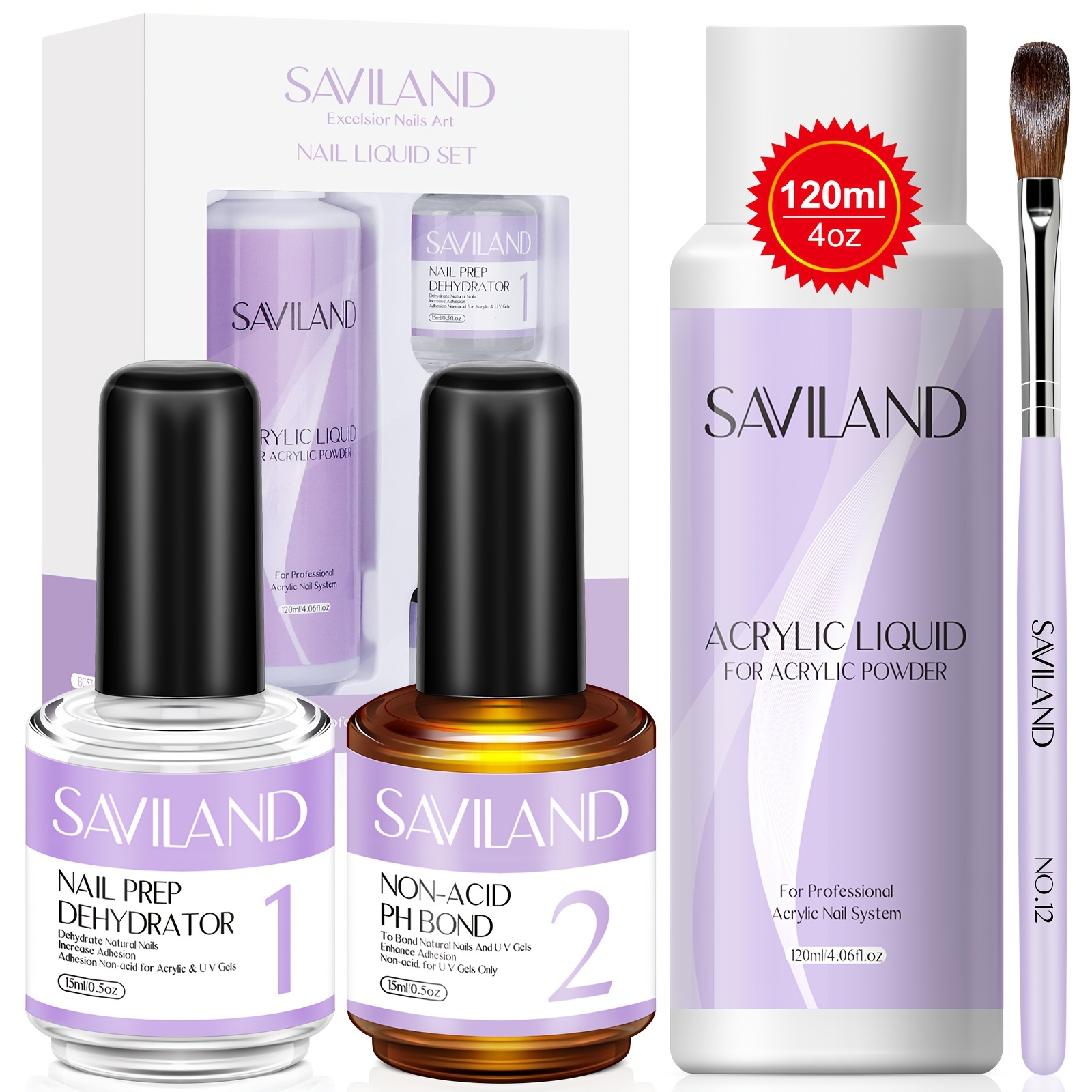 

Saviland 120ml Acrylic Nail Liquid 4 Oz Acrylic Liquid With Nail Dehydrator And Primer For Gel Fast Dry Superior Bonding, Liquid Monomer For Extension With Brush For Starter Home Diy Salon