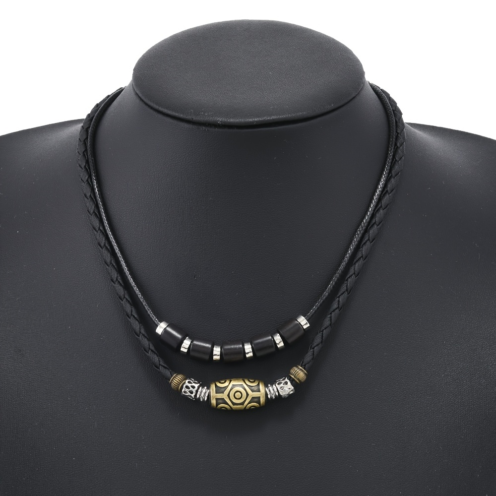 

Huanming Men' Punk Necklace - Trendy Braided Wax Cord With Antique Pendant, Black Layered Choker Jewelry