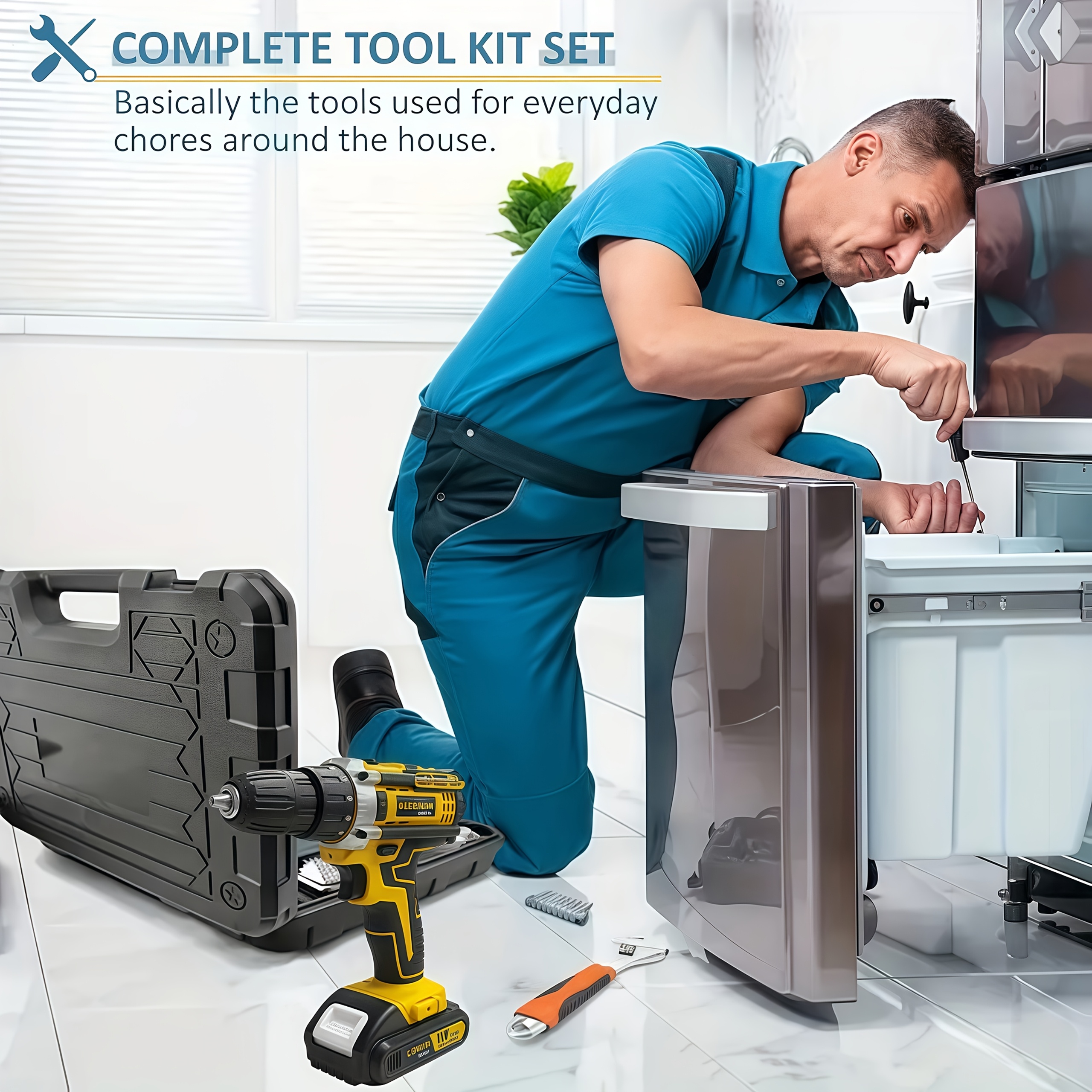 lithium ion cordless drill kit drill set with battery and charger 3 8 inch keyless   variable speed 16 position adjustment and 24 drill bits red yellow blue color scheme ergonomically   household power tool Product details 2