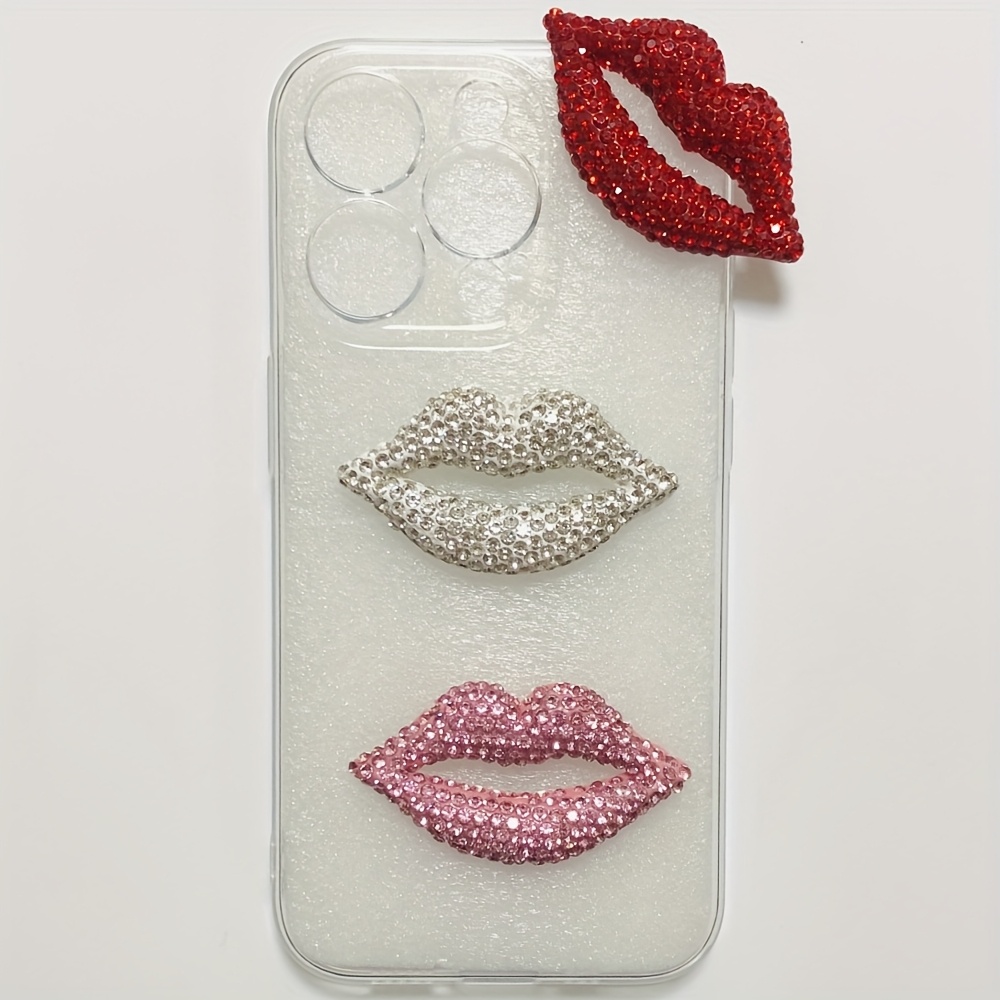TEMU 3pcs Shiny Gorgeous Elegant Hollow Out Hot Lips Rhinestone Flat Back Decorations White Pink Lip Ornament 3d Junk Phone Case Charms Mirror Makeup