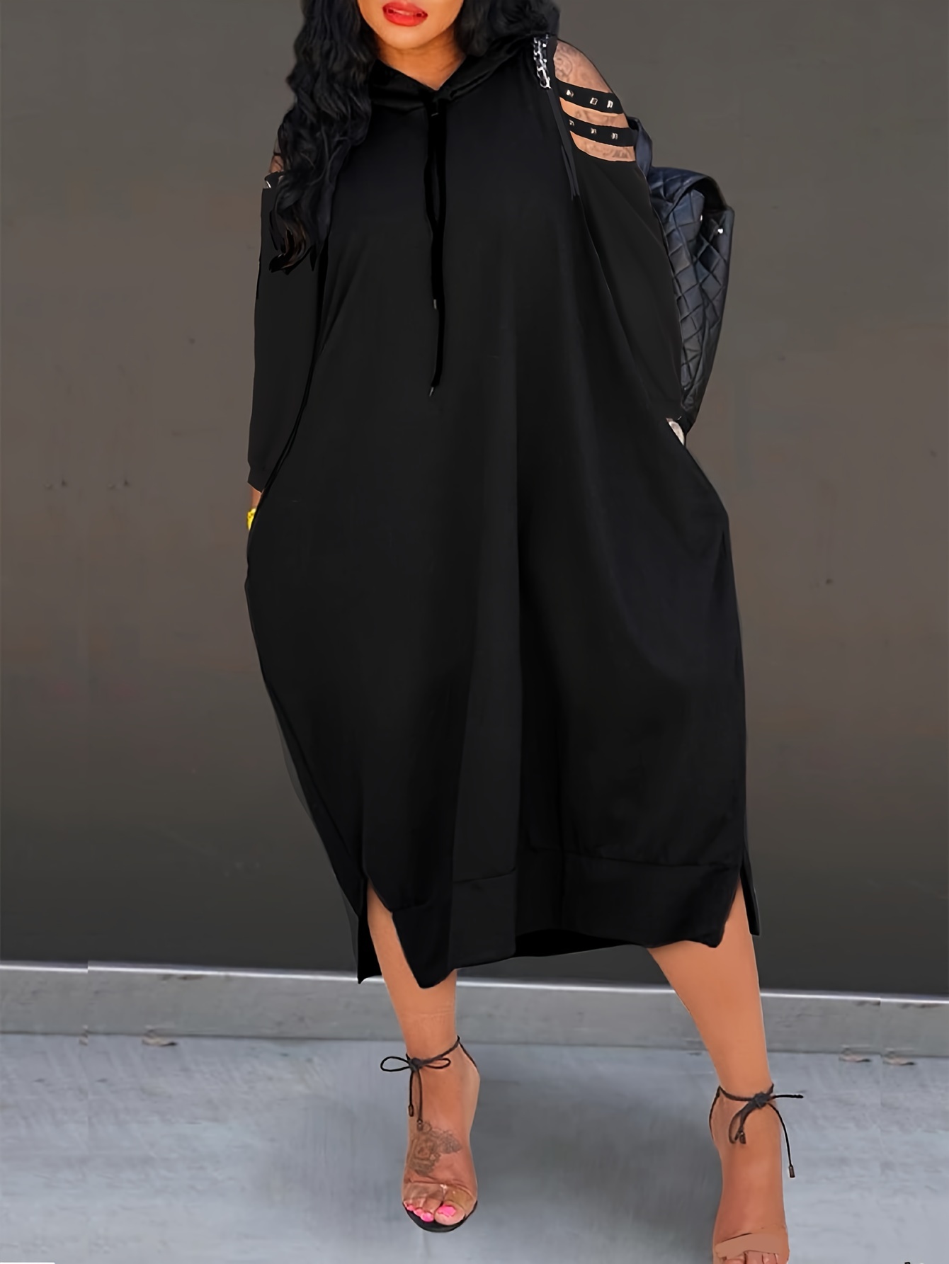 knee length dresses for ladies French Terry Long Puff Sleeve Hoodie Dress main image 1
