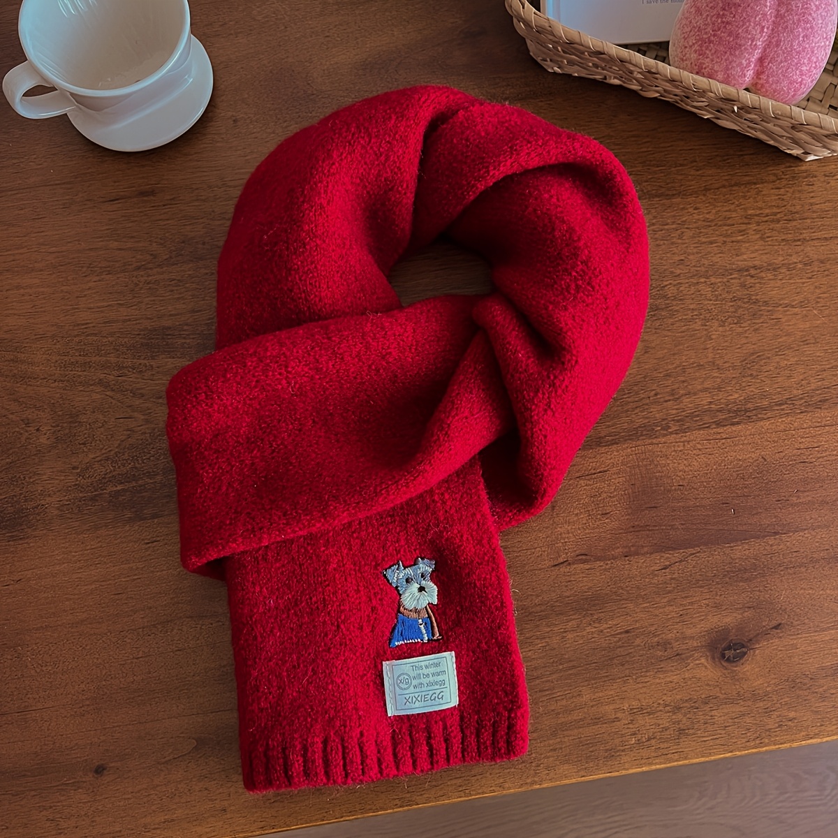 TEMU 1pc Of Wool Winter Embroidered Fold-ear Dog Wool Solid Color Scarf, Unisex -proof Single-color Versatile Neck Warmer, Elegant Cute Windproof