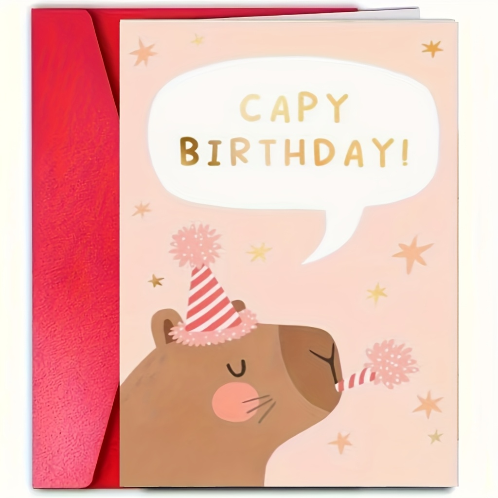 TEMU 1 Pack Of Capybara Birthday Cards-stars And Colored Paper Decoration, Cute Animal Design, Humorous "happy Birthday Capybara" Greetings, Pink