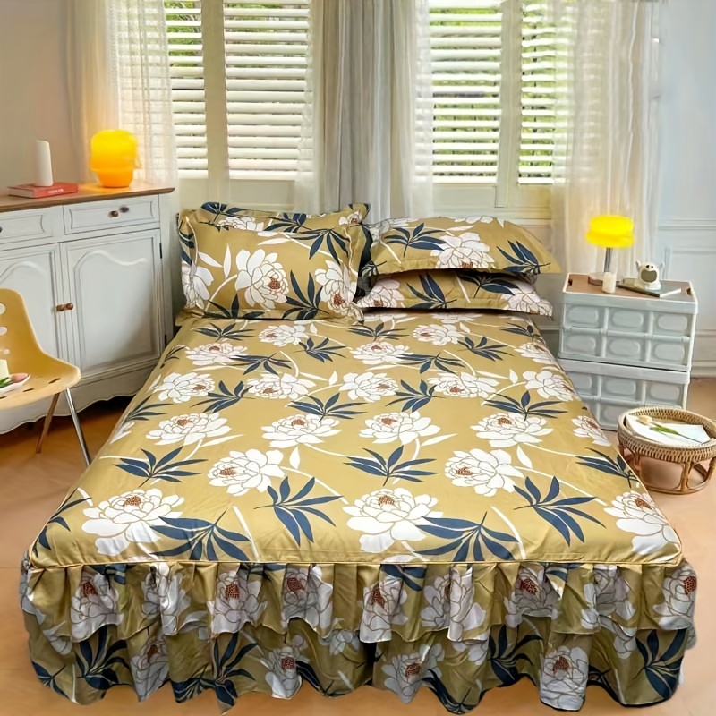 3pcs Bed Skirt Set Bed Skirt 1 Pillowcase 2 Without Core Floral Print
