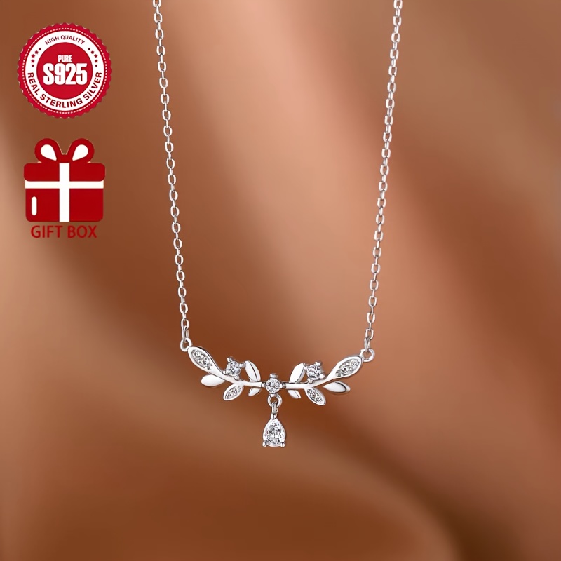 

925 Sterling Silver Hypoallergenic Tassel Necklace Symmetry Leaf Clavicle Chain Female Luxury Clavicle Chain Daily Wear Accessories Exquisite Couple Gift Holiday Gift With Gift Box