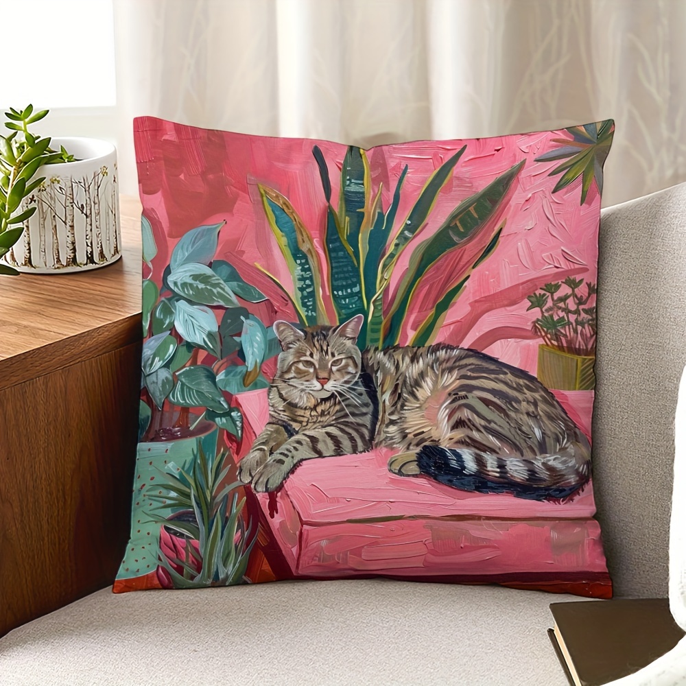 

1pc Contemporary Style Oil Painting Cat & Garden Plants Printed Pillowcase, Decorative Cushion Cover 17.7 X 17.7 Inches, Perfect For Sofa, Bed, Car, And Living Room Decor, No Insert Included