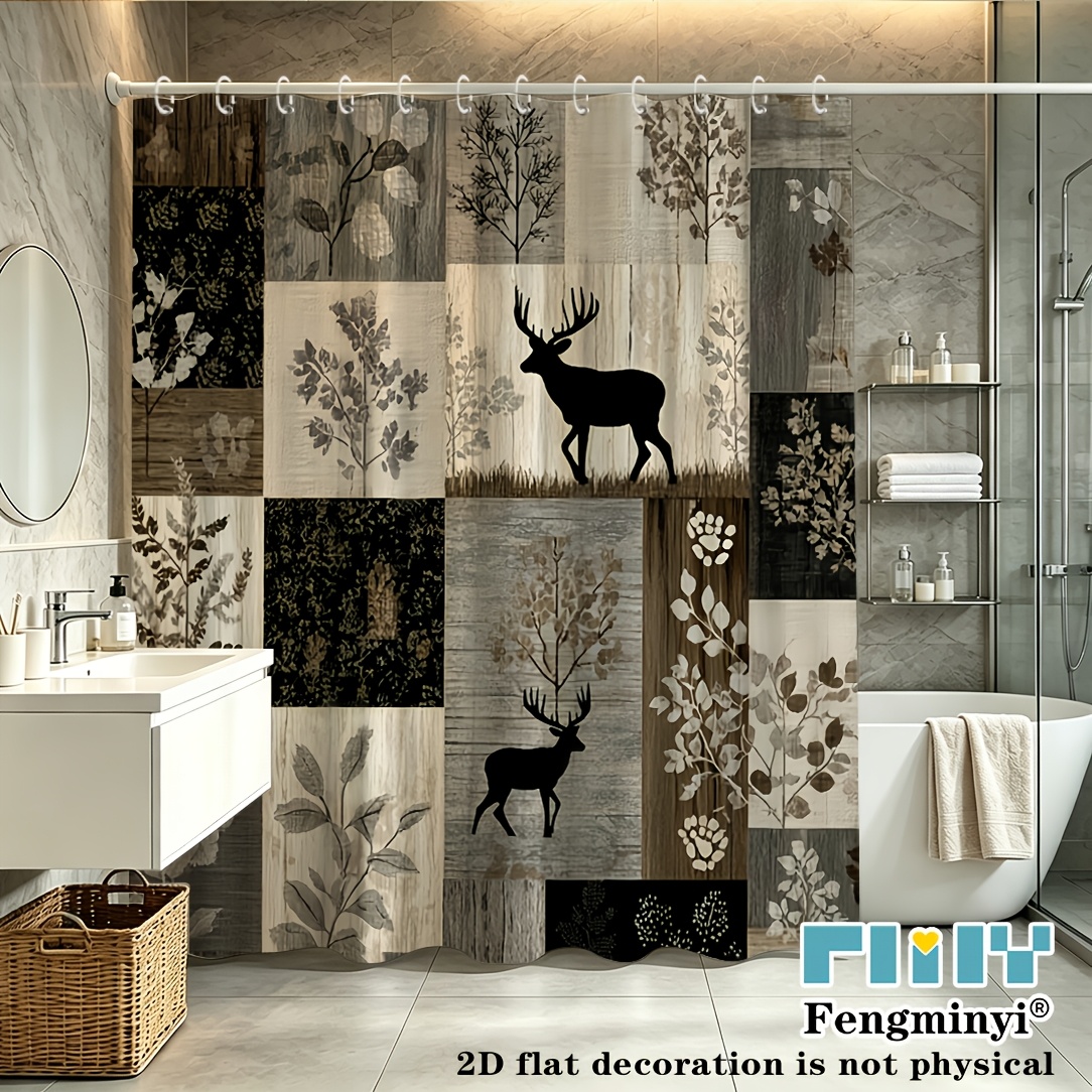 TEMU Rideau de Douche/Bain 2D - 1 pièce Rideau de Douche Style avec Silhouette de Cerf et Motif Collage Floral - Décoration de Salle de Bain Élégante