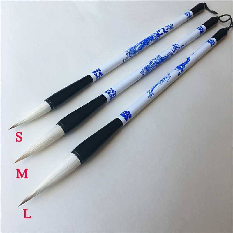 Image of 3pcs Set Of Blue And White Porcelain Aluminum Brushes With Ergonomic Grooved Handles - Traditional Chinese Calligraphy And Ink Wash Painting, Including Brushes For Elegant Couplets, Brushes