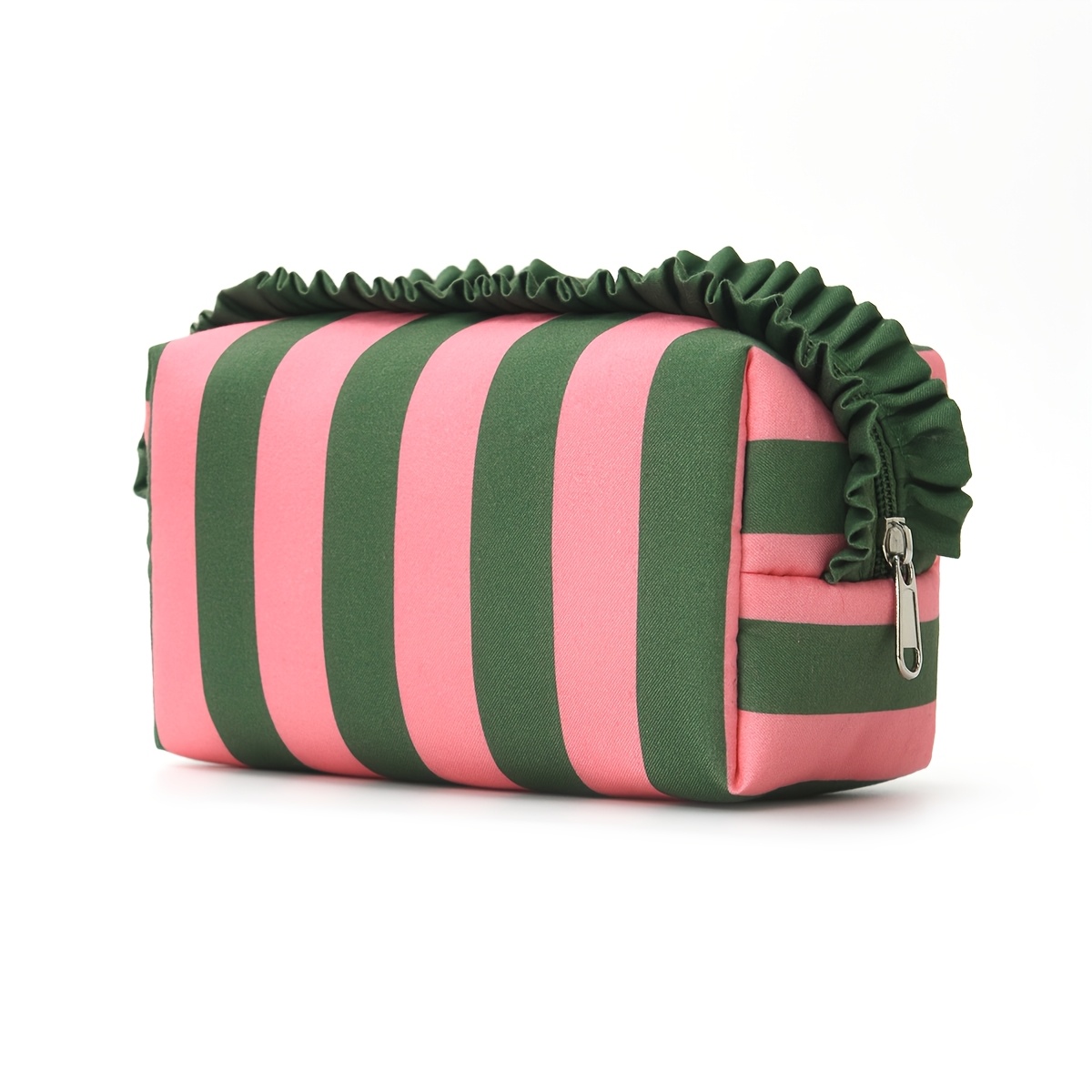 TEMU Ladies' Portable Makeup Bag, Striped Ruffle Zipper Storage Pouch, Travel Toiletry Bag, Large Capacity Cosmetic Organizer, Multi-functional