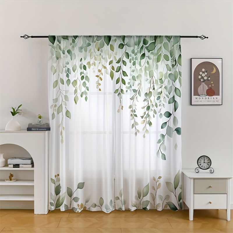 Image of 2pcs Floral Chiffon Sheer Curtains - Semi-transparent Opaque , Rod For Living Room And Bedroom Decor, Polyester Gauze, Nature- Decor, Decor | Floral Pattern Curtains | Rod Pocket Hanging, Living