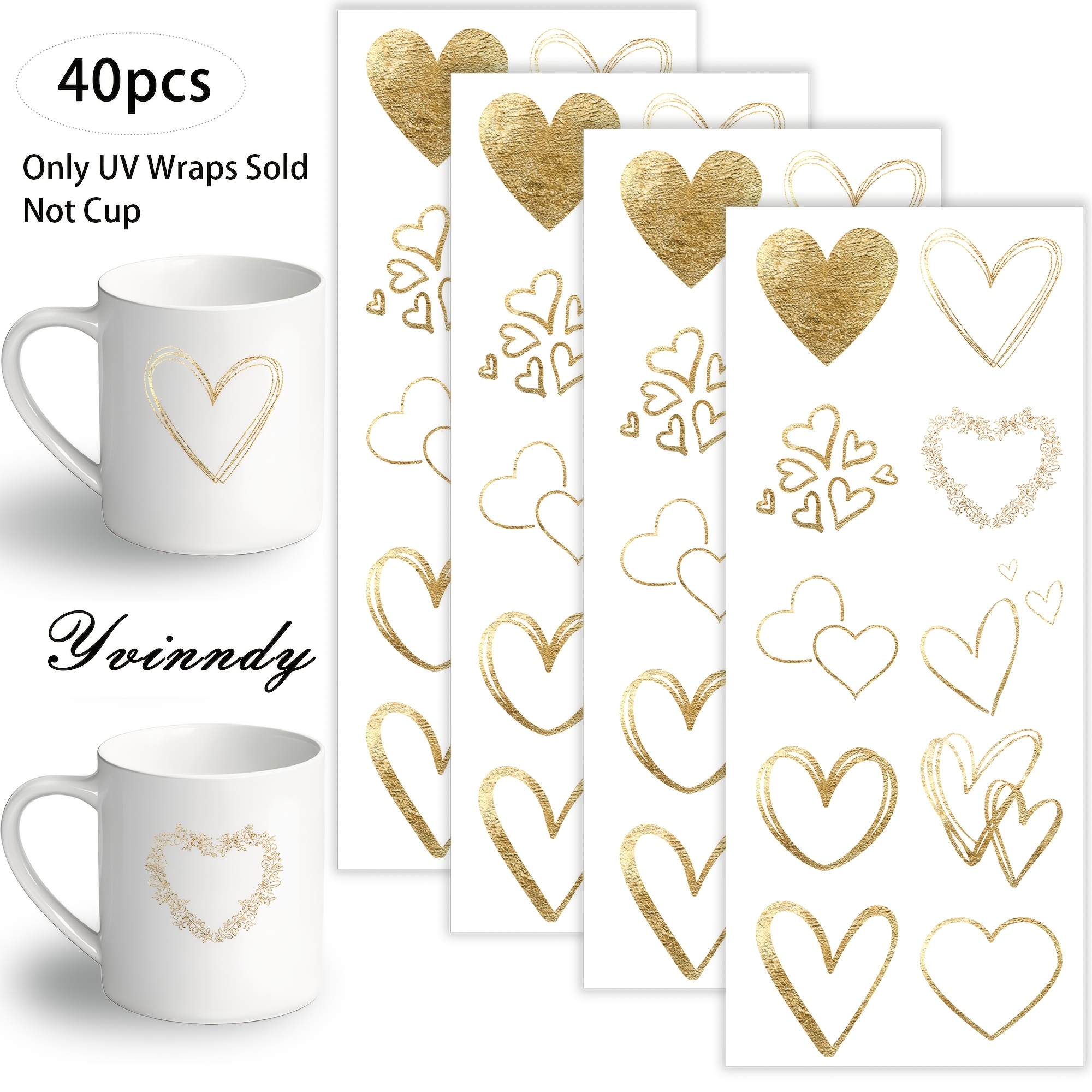 E-shop 40-teiliges Set goldene Linie Herzform UV-DTF-DIY-Bechertransfer, geeignet für DIY-Becher, Computer, Scrapbooks usw., beliebtes kreatives UV-DTF