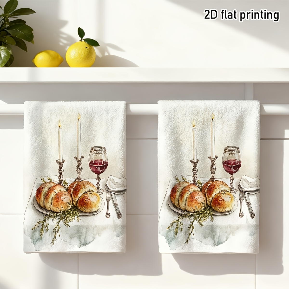 TEMU 2pcs Dish Cloths Bread Cleaning Cloths - Bread, Candles, And Wine Glass Pattern, Soft And Absorbent Jewish Table Drying Towels, Vintage Kitchen