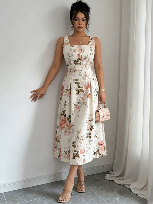 zj0309018 left jia directional spring and summer new elegant gentle celebrity style background oil painting rose collar sleeveless waist a line long dress bridesmaid banquet dating afternoon tea commuting dress