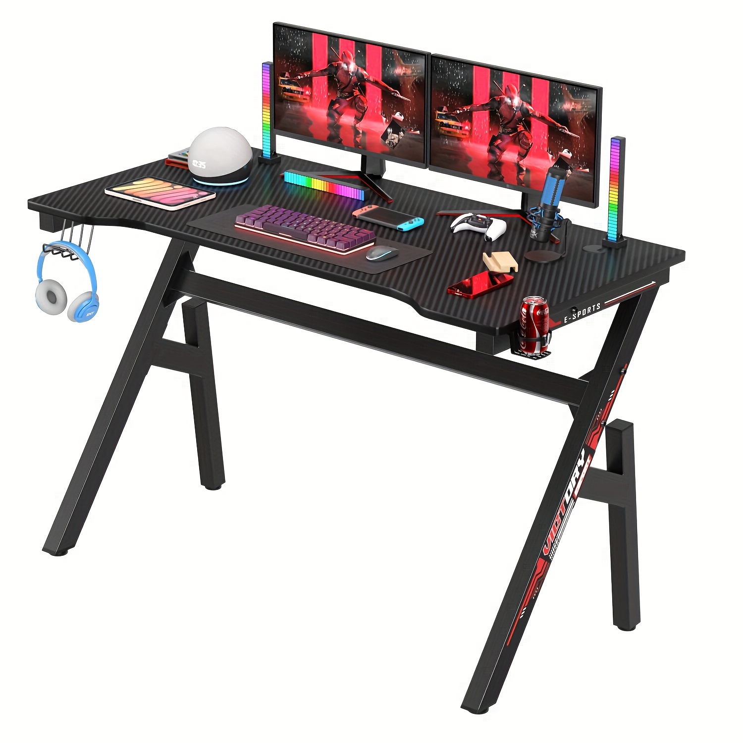 Gaming Table Office Desk Computer Desk Carbon Fiber Surface Gaming Table, Ergonomic Computer Gaming Table, Large Computer Table With Cup Holder & Headphone Hook