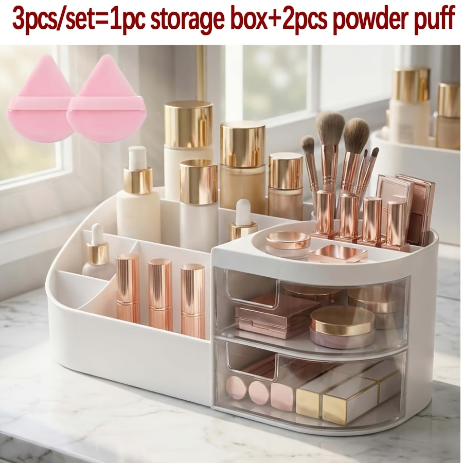 TEMU 3pcs/set [large Capacity White Cosmetic Storage Box And 2pcs Makeup Pads], Suitable For Dressing Table And Skincare, Plastic Storage Rack,