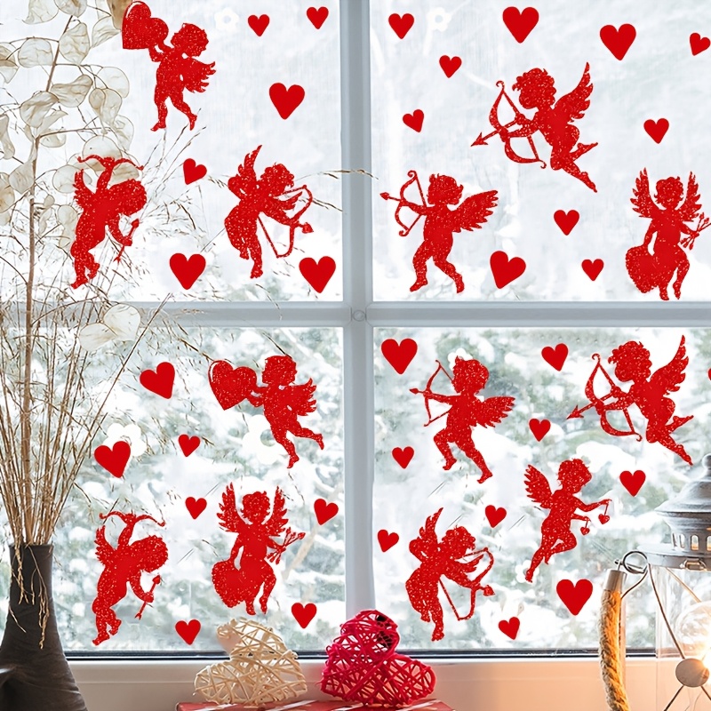 

4pcs Sparkling Red Cupid Kiss Window Clings - Valentine's Day, Weddings & Anniversaries - Easy , Removable Pvc Decor, Bedroom Or Living Room Wall Decoration, Stickers, Proposal