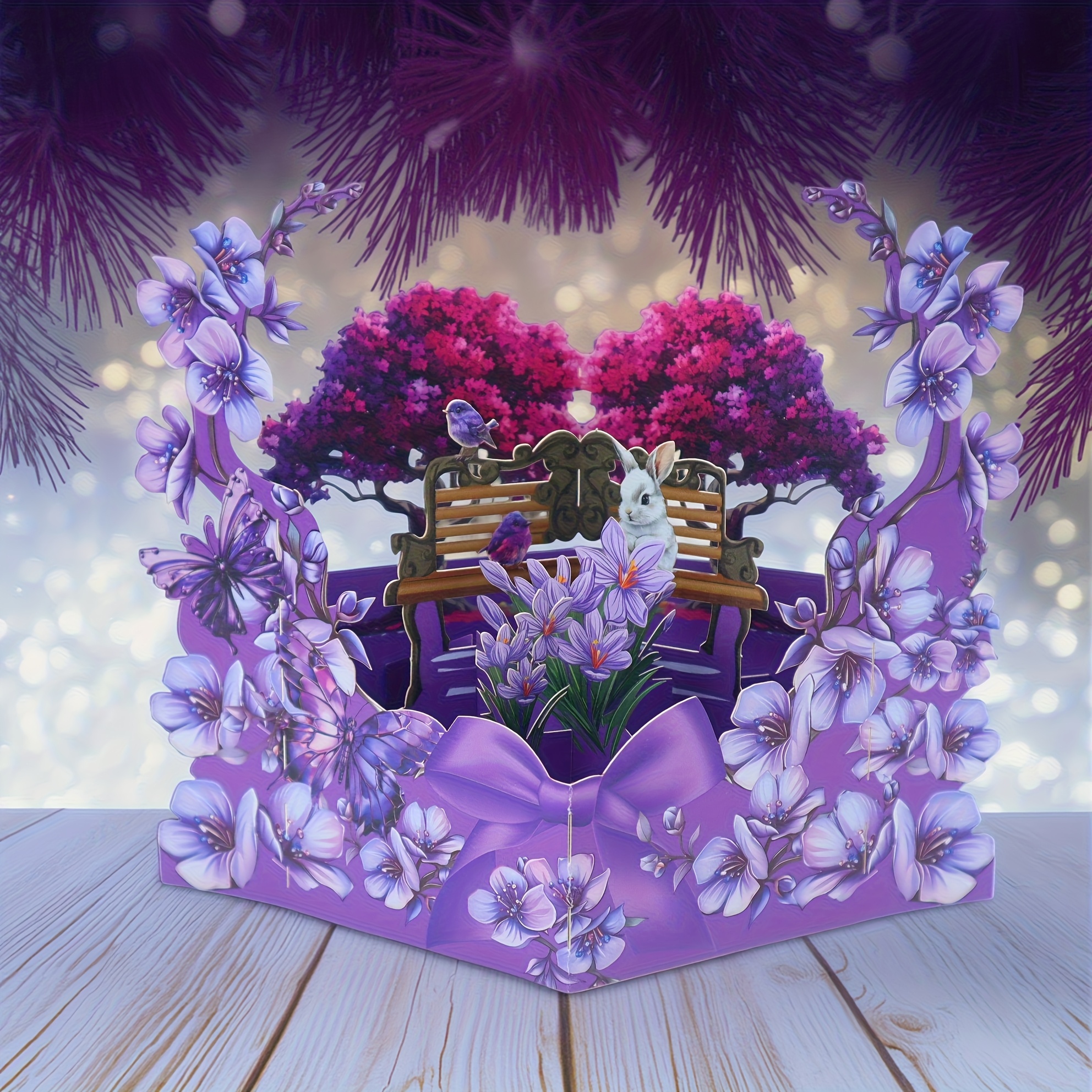 TEMU A 3d Pop-up Card Featuring A And A , Complete With An Envelope - Showcasing Bright Floral Designs And Purple Trees, Ideal For Birthdays, ,