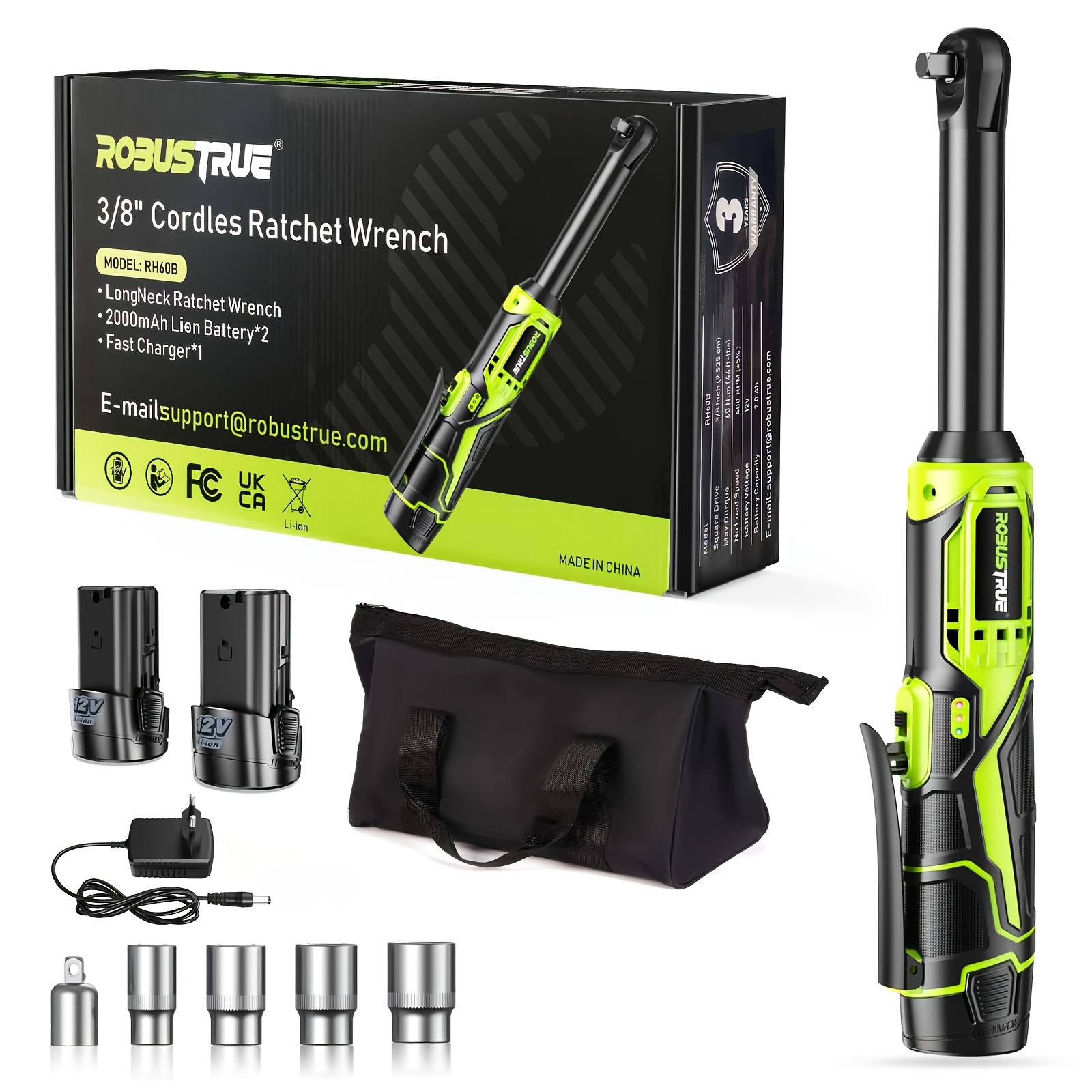 Robustrue 6" Cordless Ratchet Wrench 2 X 2000mah Battery 400rpm Wireless Ratchet Wrench Set With Fast Charger And 4 Sockets