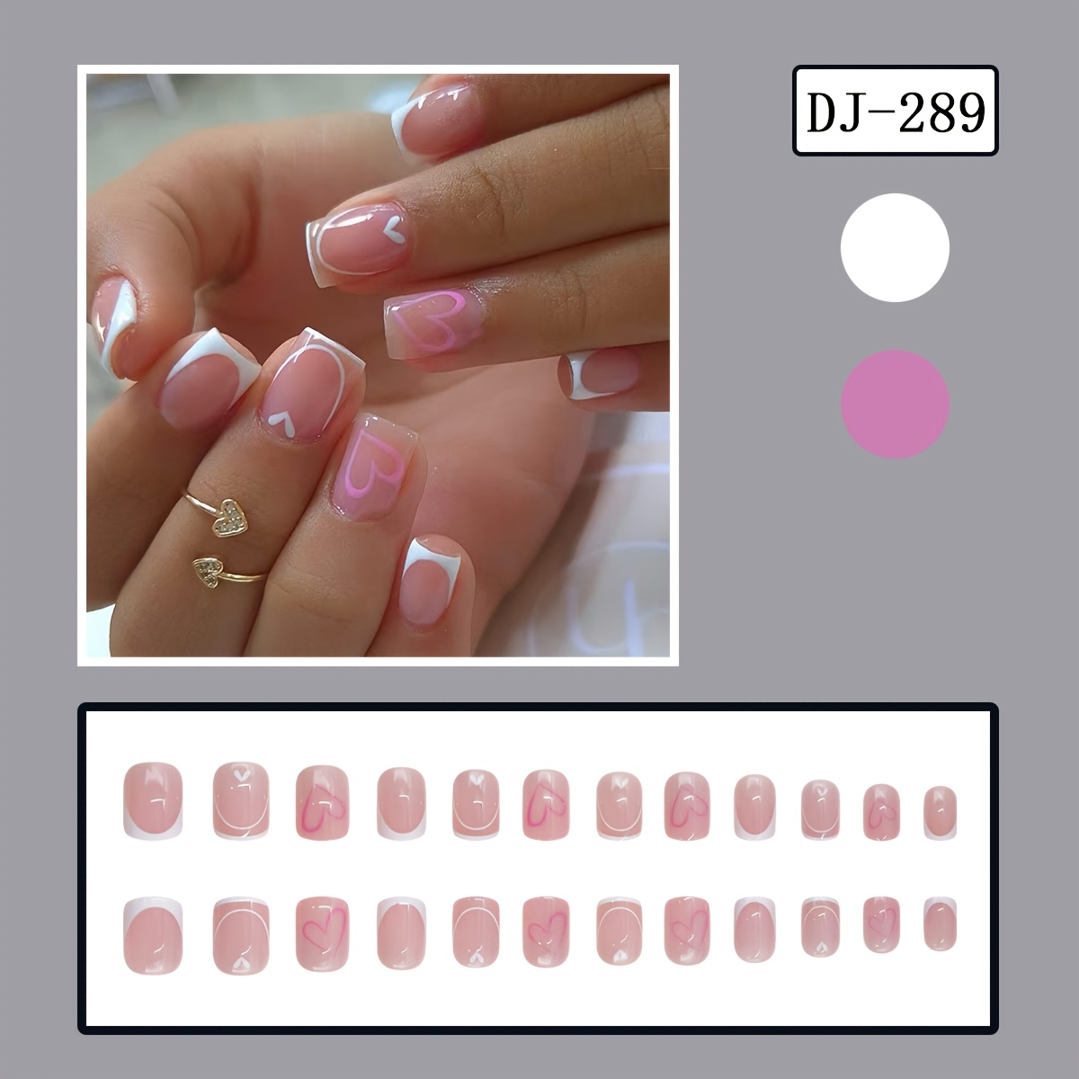 TEMU Mejora con 24 uñas postizas artificiales cortas, cuadradas, de cobertura total y con . uñas postizas de estilo francés con de corazones rosas