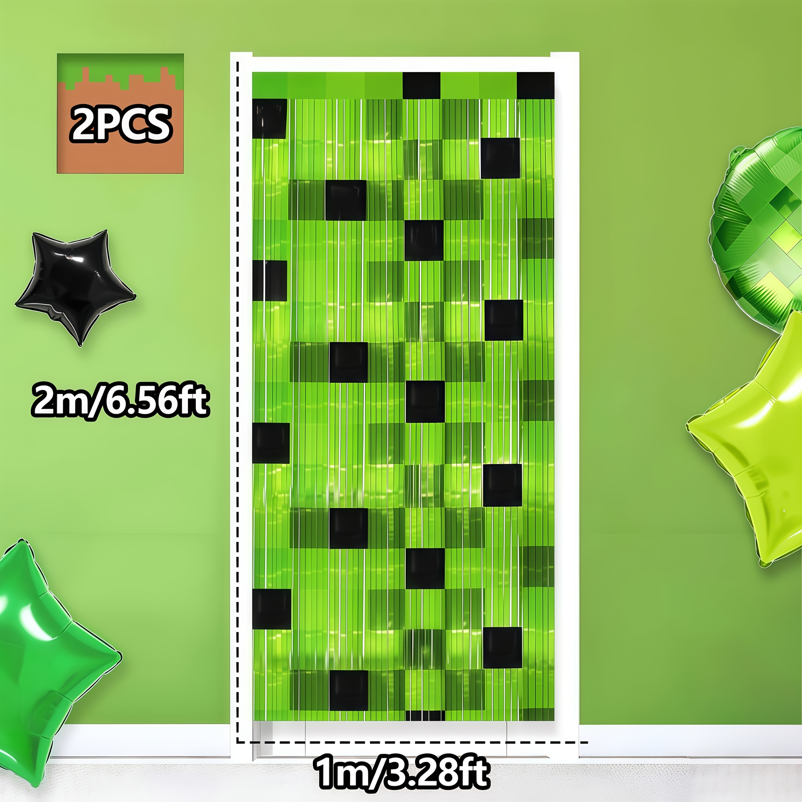 TEMU Lot de 2 toiles de fond à ruban à pompons style pixels verts avec franges métalliques, motif imprimé à blocs multicolores, pour décorations de