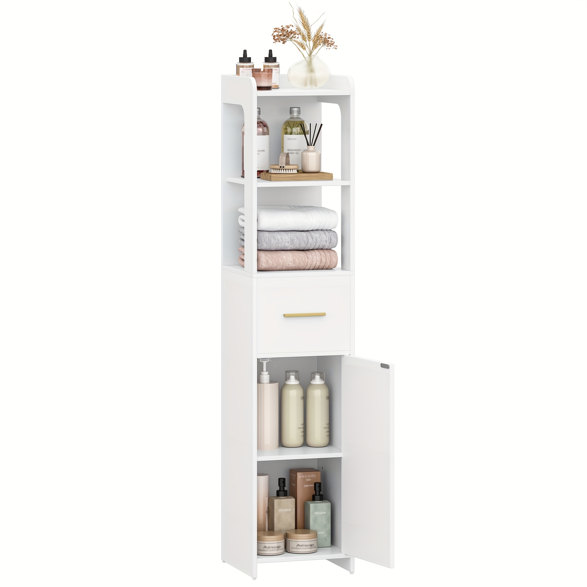 Bathroom Cabinet, Bathroom Furniture With And 1 Drawer, Bathroom Cabinet With Adjustable Shelves, Open Compartment, For Small Spaces, Modern, 30 × 30 × 138.6 Cm, White