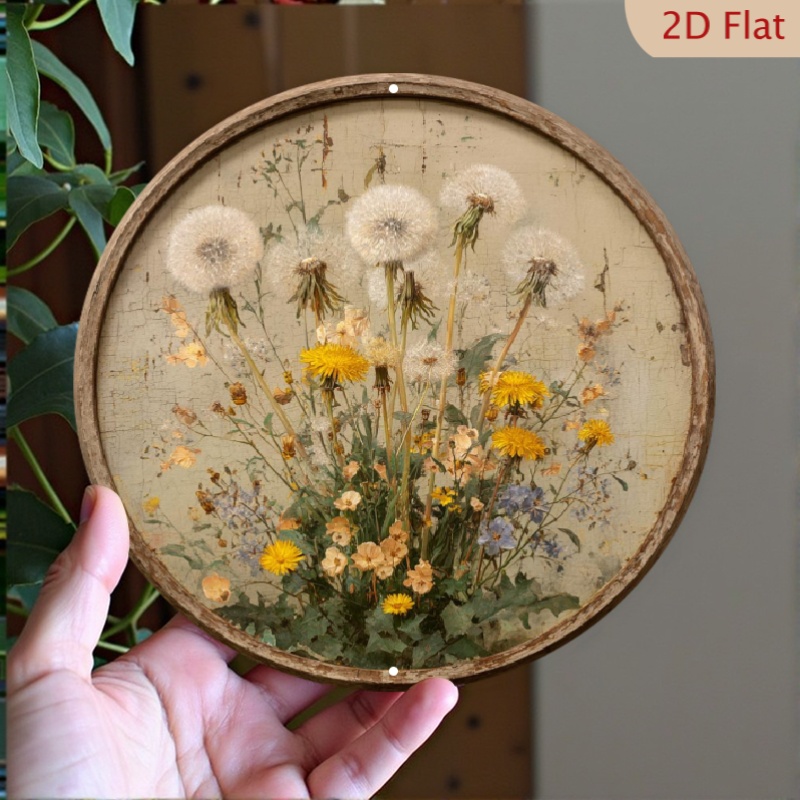 TEMU 2d Flat - Round Sign Featuring A Vintage Dandelion Design, Measuring 8x8 Inches. Easy To Perfect For Decorating Spaces Rooms, , Kitchens,