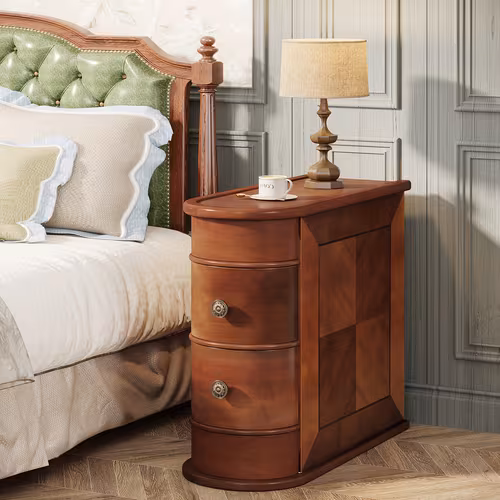item picture Vintage Wood End Table, 2-Drawer Narrow Side Table Nightstand Slim Chair Side Table With Storage, No Assembly Required, Finished Back, Bedside Narrow Accent Tables For Living Room, Bedroom, Couch, Walnut
