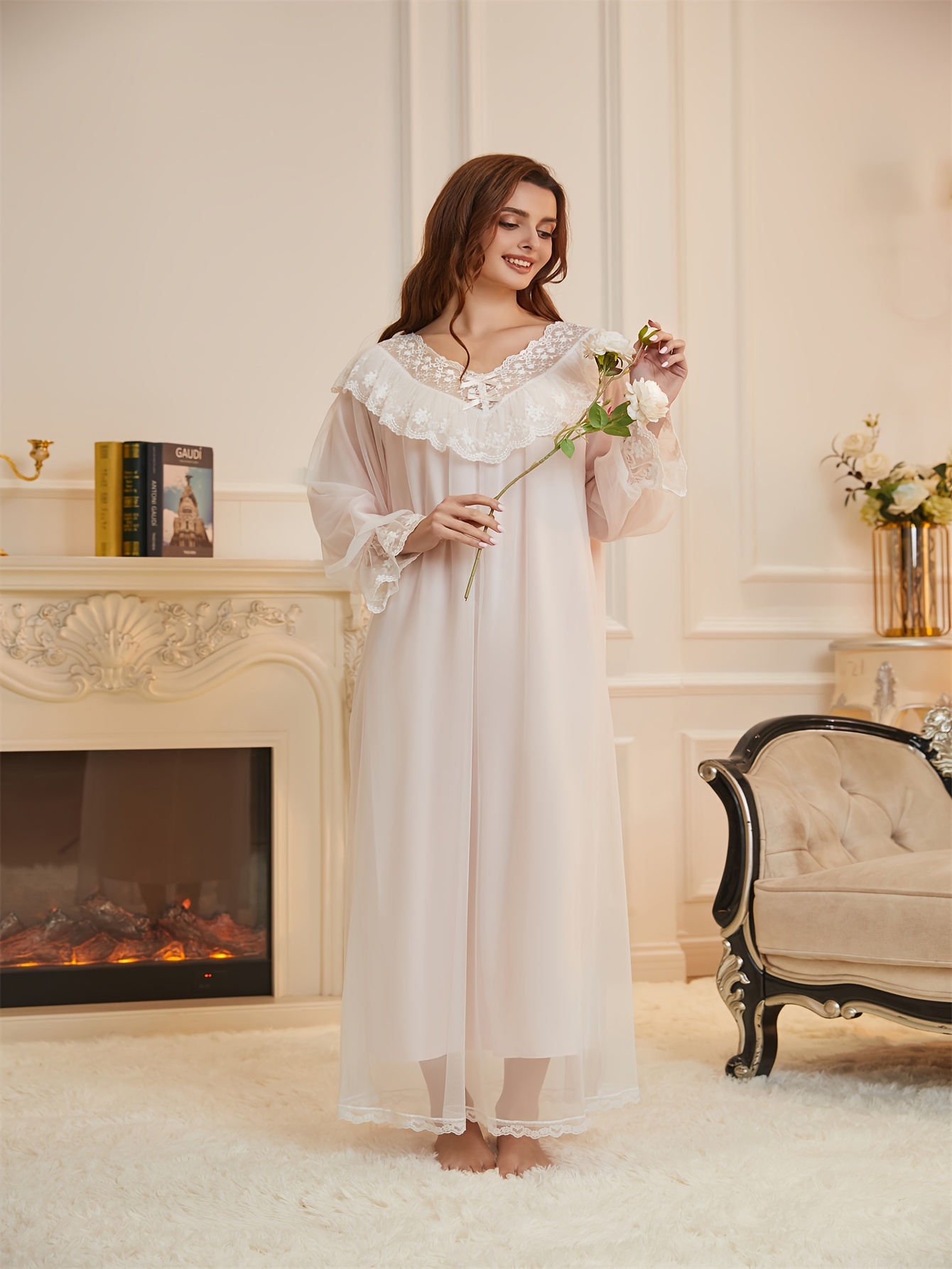 spring autumn court style sexy contrast lace mesh nightgown Temu