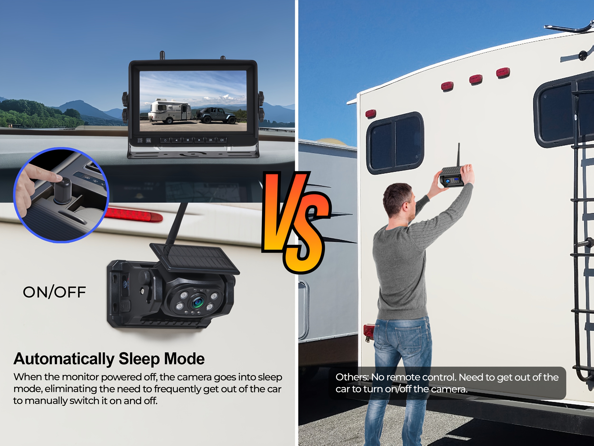 dual channel magnetic solar wireless backup camera system with   1080p monitor 9600mah rechargeable infrared night vision magnetic hitch camera for rv trailer truck boat car   no wiring required Product details 1