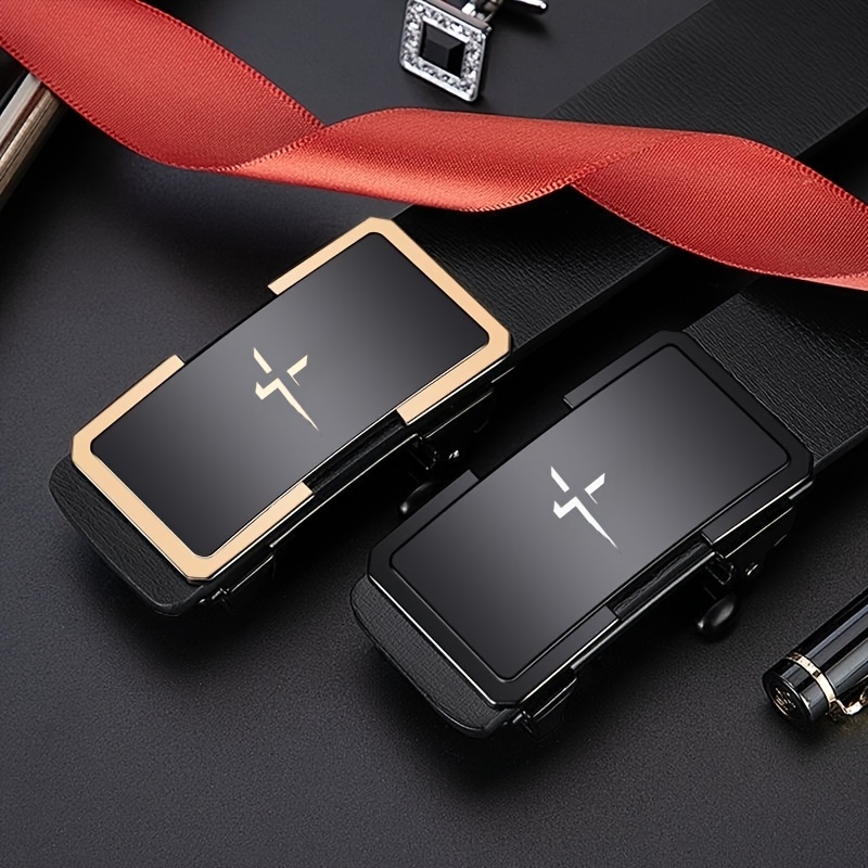 Men's Belt with Cross Pattern and Alloy Automatic Buckle